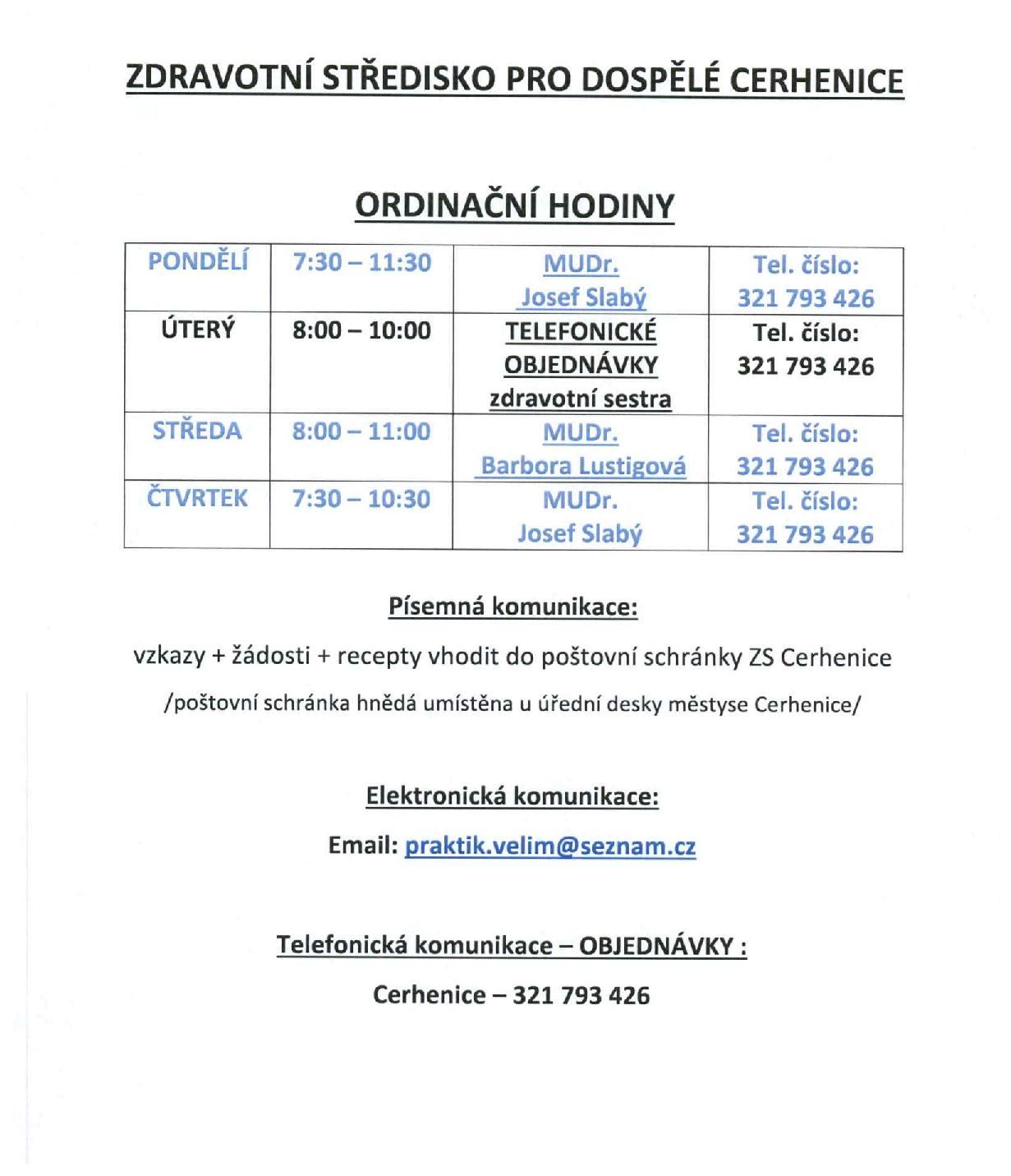 Zdravotní středisko pro dospělé ordinační hodiny